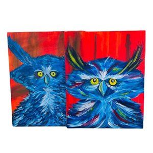 Blue Owl 2 Abstract Art Paintings Un-Framed Stretched Canvas 16" x 20" x .5"